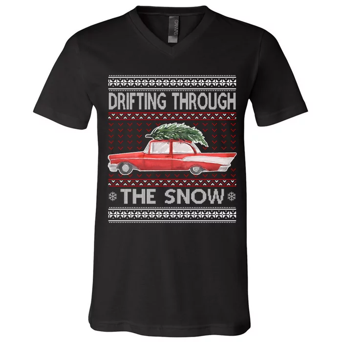 Drifting Through The Snow Ugly Christmas Sweater V-Neck T-Shirt