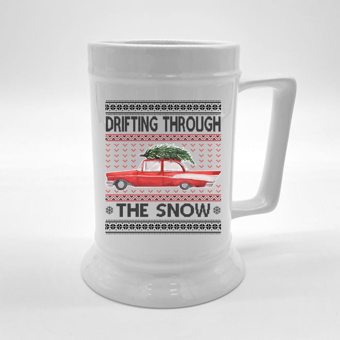 Drifting Through The Snow Ugly Christmas Sweater Front & Back Beer Stein