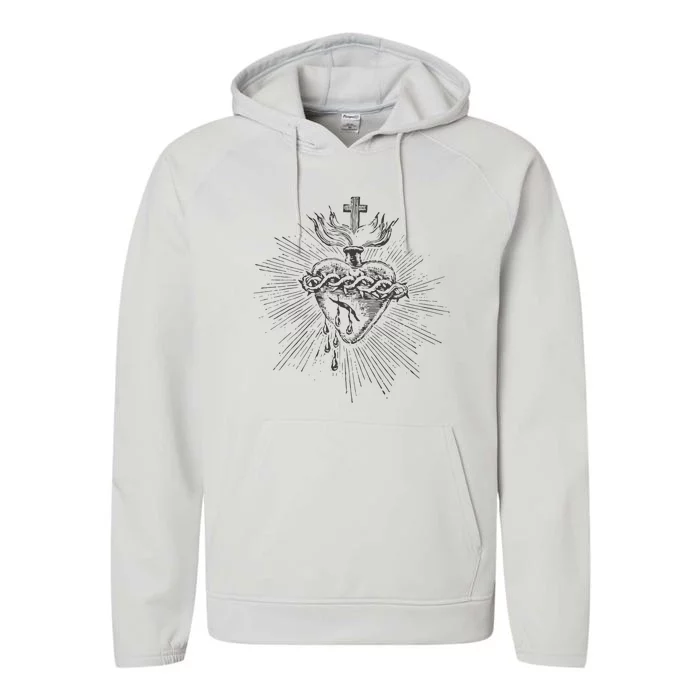 Devotion To The Sacred Heart Of Jesus Vintage Catholic Art Performance Fleece Hoodie