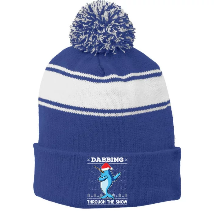 Dabbing Through The Snow Narwhal Dab Ugly Christmas Sweater Gift Stripe Pom Pom Beanie