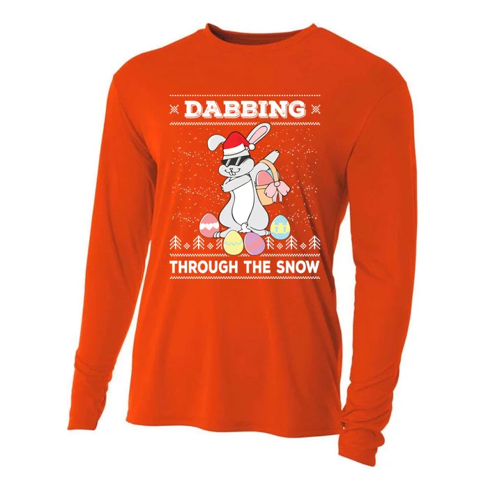 Dabbing Through The Snow Bunny Ugly Christmas Sweater Rabbit Gift Cooling Performance Long Sleeve Crew