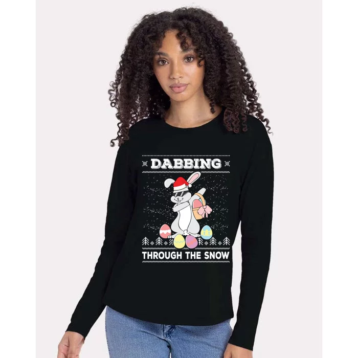 Dabbing Through The Snow Bunny Ugly Christmas Sweater Rabbit Gift Womens Cotton Relaxed Long Sleeve T-Shirt