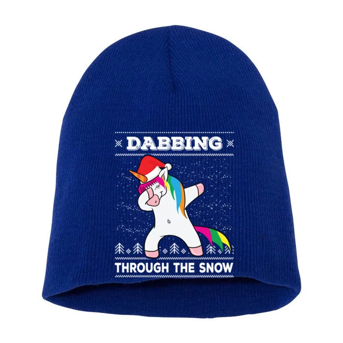 Dabbing Through The Snow Dab Unicorn Ugly Christmas Sweater Gift Short Acrylic Beanie