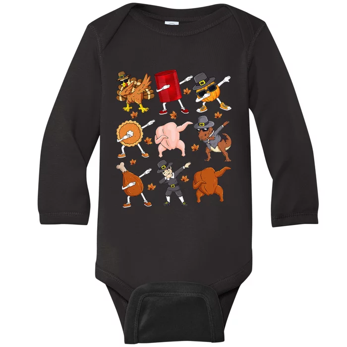 Dabbing Turkey T Rex Pilgrim Thanksgiving Kids Funny Dab Baby Long Sleeve Bodysuit