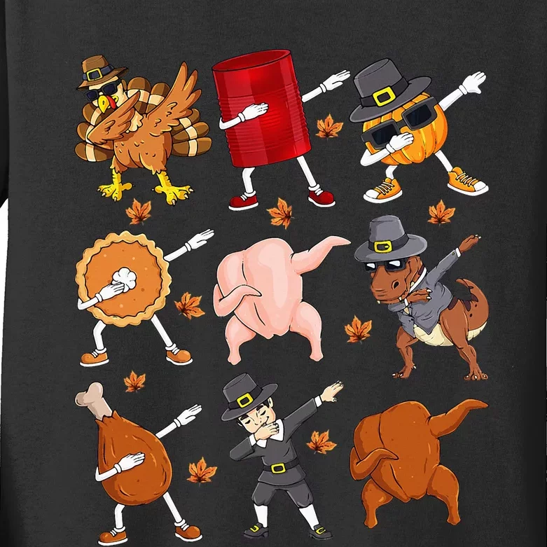 Dabbing Turkey T Rex Pilgrim Thanksgiving Kids Funny Dab Kids Long Sleeve Shirt