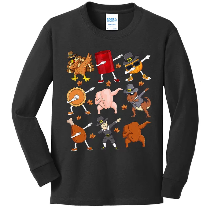 Dabbing Turkey T Rex Pilgrim Thanksgiving Kids Funny Dab Kids Long Sleeve Shirt