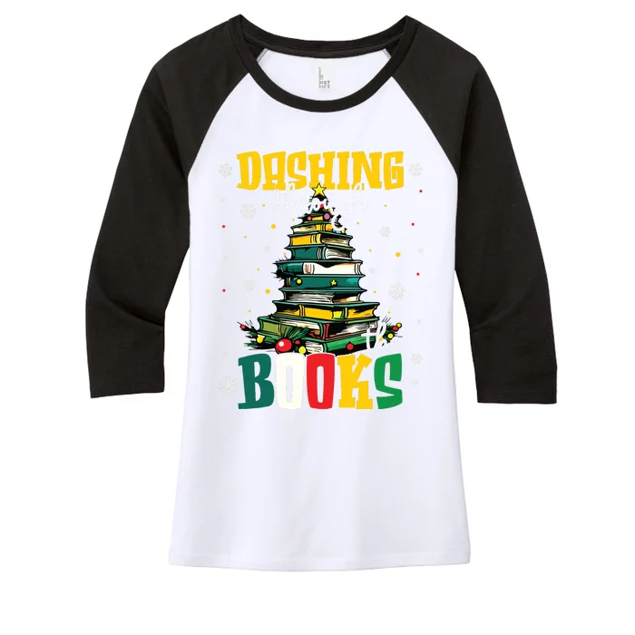 Dashing Through The Books Christmas Book Lovers Librarian Women's Tri-Blend 3/4-Sleeve Raglan Shirt