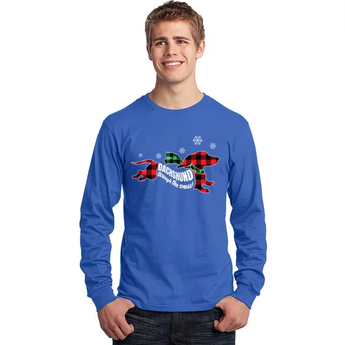 Dachshund Through The Snow Doxie Dog Plaid Christmas Gift Cool Gift Tall Long Sleeve T-Shirt