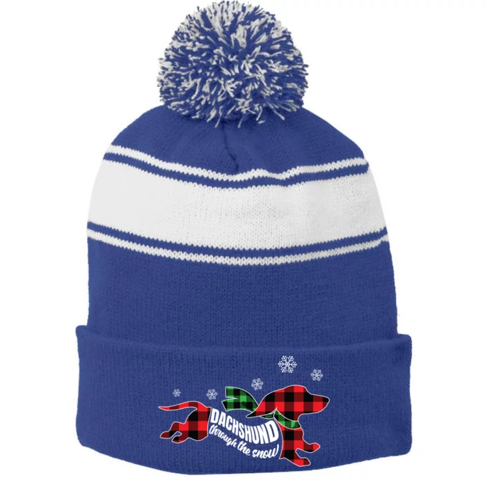 Dachshund Through The Snow Doxie Dog Plaid Christmas Gift Cool Gift Stripe Pom Pom Beanie