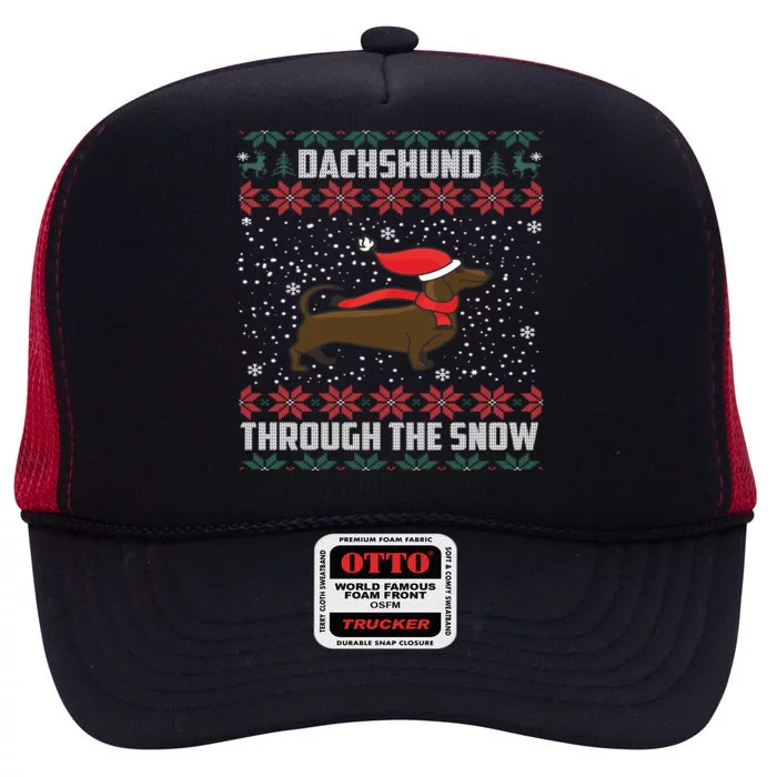 Dachshund Through The Snow Ugly Christmas Gift High Crown Mesh Trucker Hat