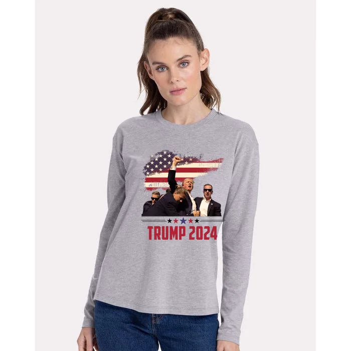 Donald Trump Usa Flag Fist Fight Election 2024 Womens Cotton Relaxed Long Sleeve T-Shirt