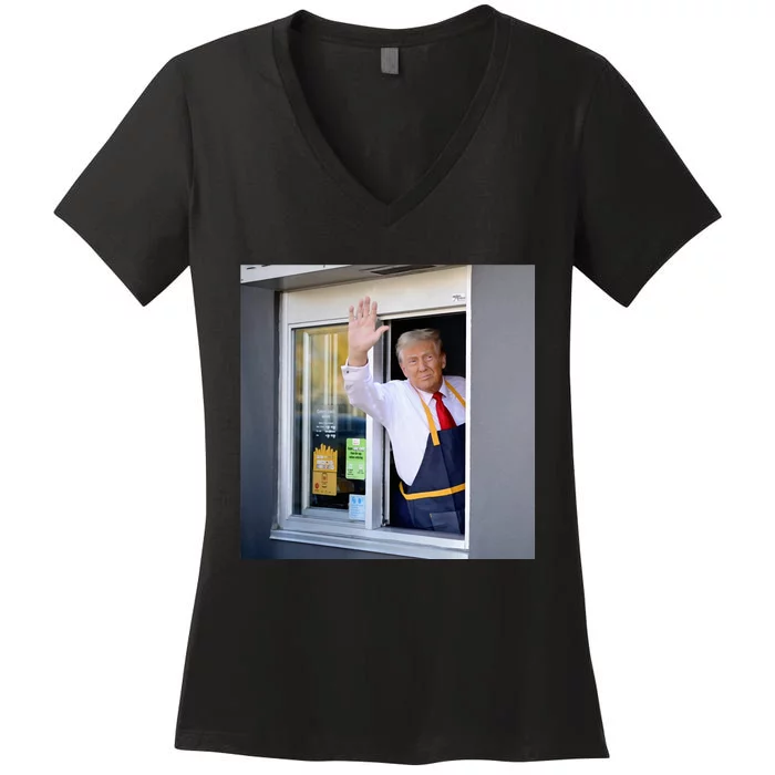 Donald Trump Works The Fry Station And Holds A Drive Thru Women's V-Neck T-Shirt