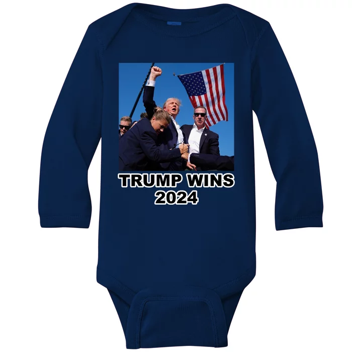 Donald Trump Wins 2024 Election Gun Shot Fired At Rally Baby Long Sleeve Bodysuit