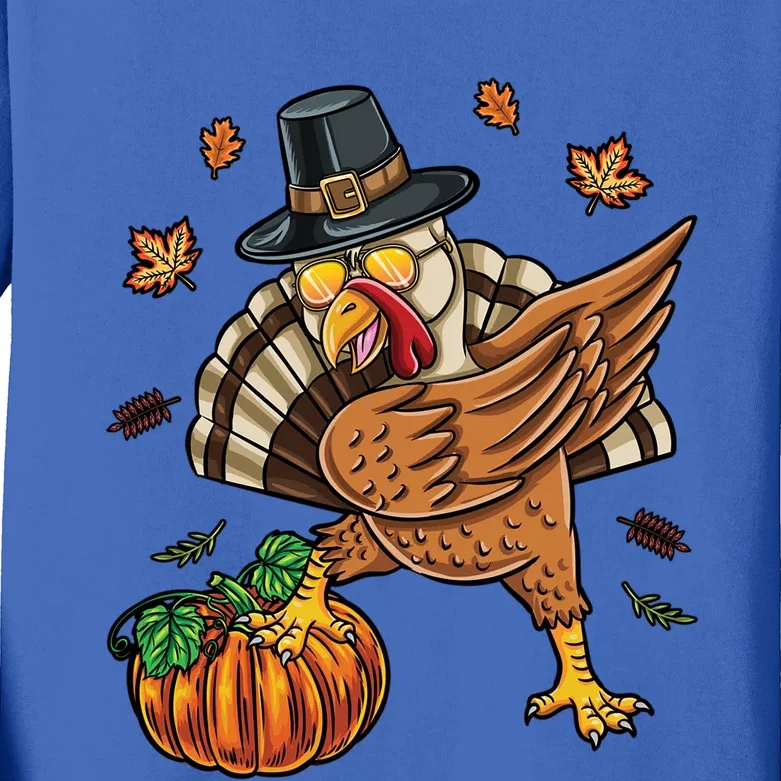 Dabbing Turkey With Pumpkin Thanksgiving Cute Gift Kids Long Sleeve Shirt