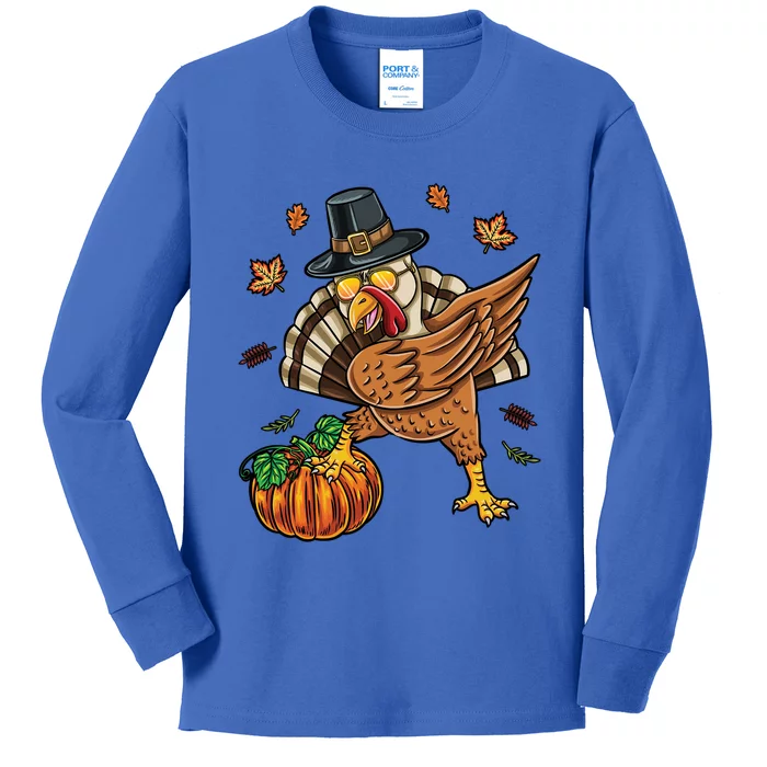 Dabbing Turkey With Pumpkin Thanksgiving Cute Gift Kids Long Sleeve Shirt