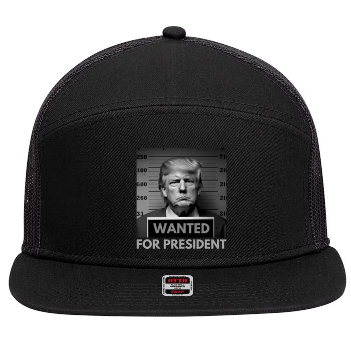 Trump wanted for President 2024 Trump Mugshot 7 Panel Mesh Trucker Snapback Hat