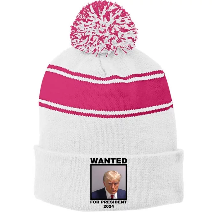 Trump wanted for President 2024 Trump Mugshot Stripe Pom Pom Beanie