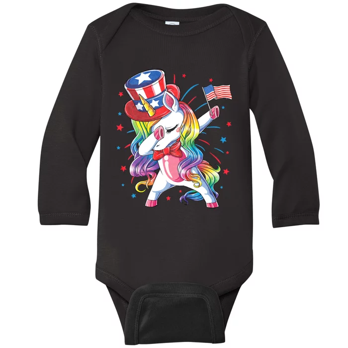 Dabbing Unicorn 4th Of July Uncle Sam American Flag Baby Long Sleeve Bodysuit