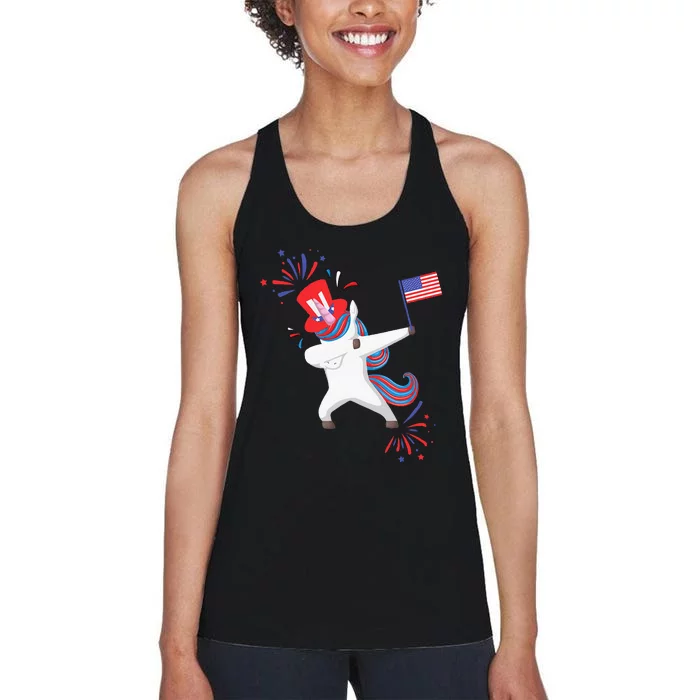 Dabbing Unicorn 4th Of July Uncle Sam American Flag Women's Racerback Tank