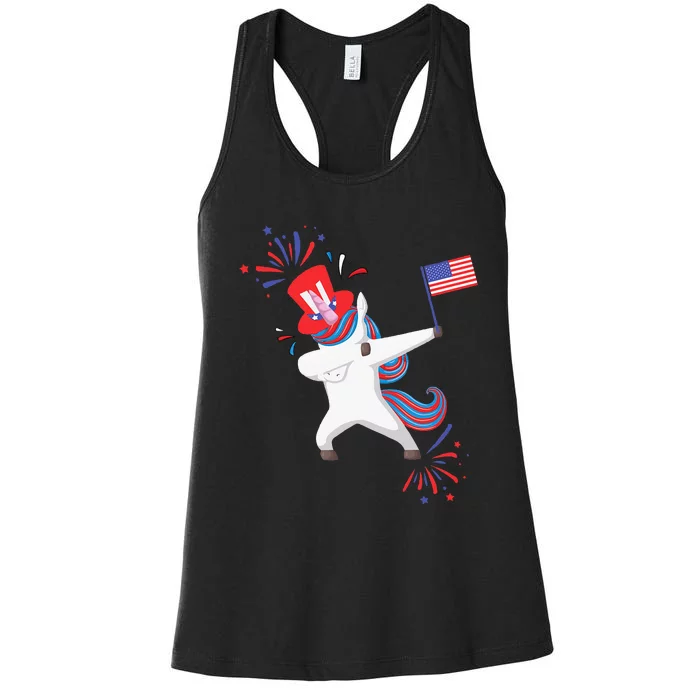 Dabbing Unicorn 4th Of July Uncle Sam American Flag Women's Racerback Tank