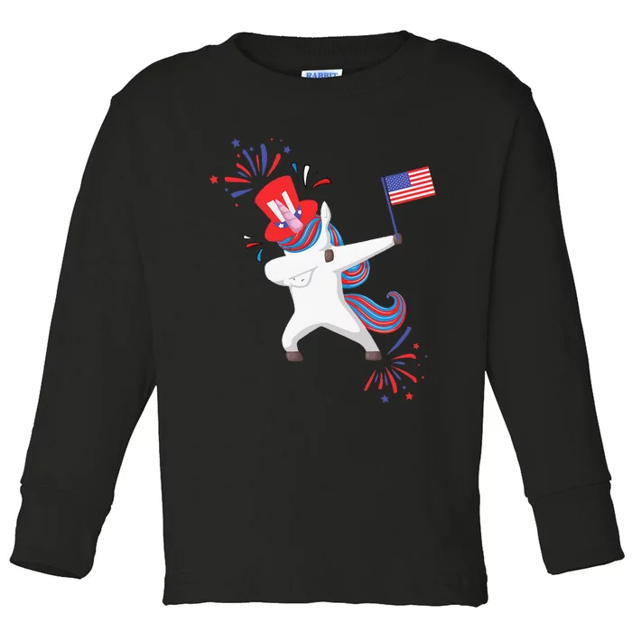 Dabbing Unicorn 4th Of July Uncle Sam American Flag Toddler Long Sleeve Shirt