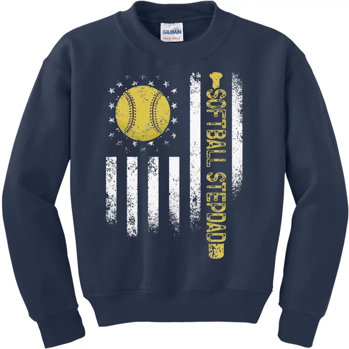 Distressed USA American Flag Softball Stepdad Fathers Day Kids Sweatshirt