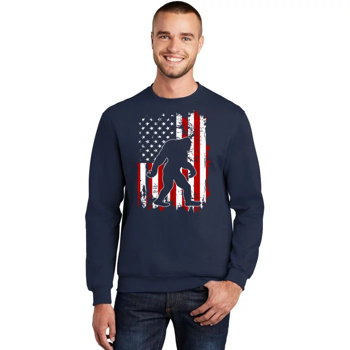 Distressed USA American Bigfoot Sasquatch Flag Tall Sweatshirt