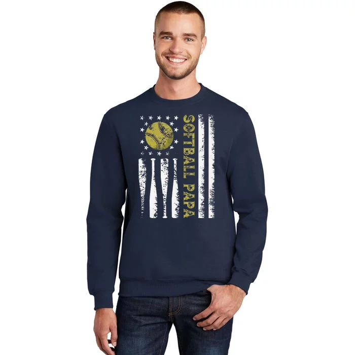 Distressed USA American Flag Softball Papa Father's Day Sweatshirt