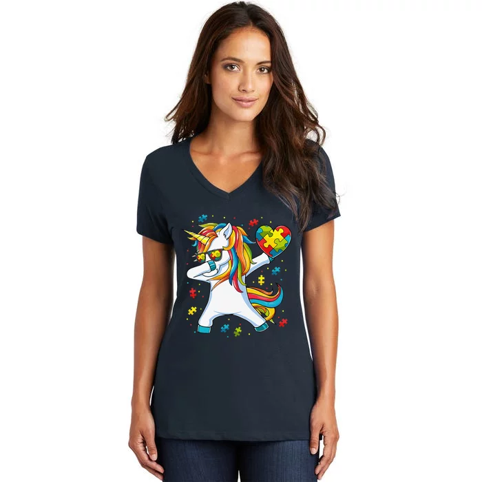 Dabbing Unicorn Autism Awareness Gift Women's V-Neck T-Shirt