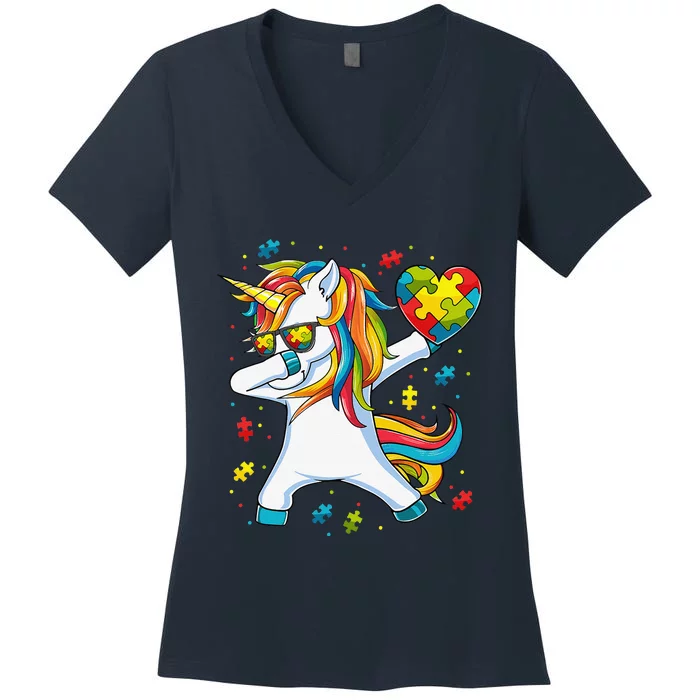 Dabbing Unicorn Autism Awareness Gift Women's V-Neck T-Shirt