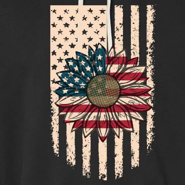 Distressed USA American Flag Sunflower Garment-Dyed Fleece Hoodie