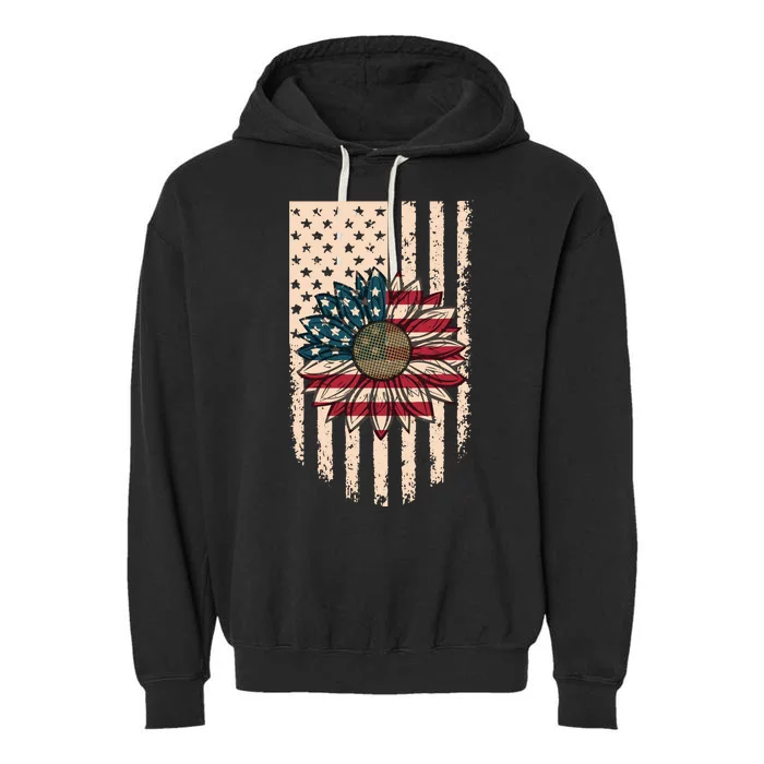 Distressed USA American Flag Sunflower Garment-Dyed Fleece Hoodie