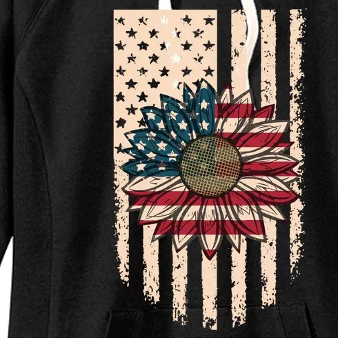 Distressed USA American Flag Sunflower Women's Fleece Hoodie