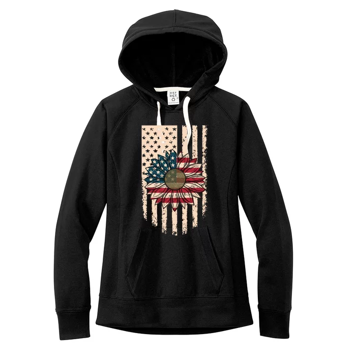 Distressed USA American Flag Sunflower Women's Fleece Hoodie