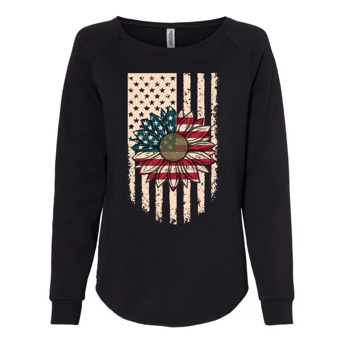 Distressed USA American Flag Sunflower Womens California Wash Sweatshirt