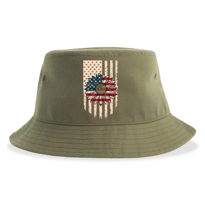 Distressed USA American Flag Sunflower Sustainable Bucket Hat