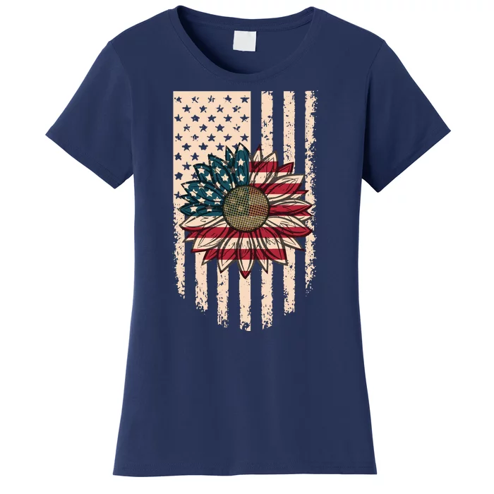 Distressed USA American Flag Sunflower Women's T-Shirt