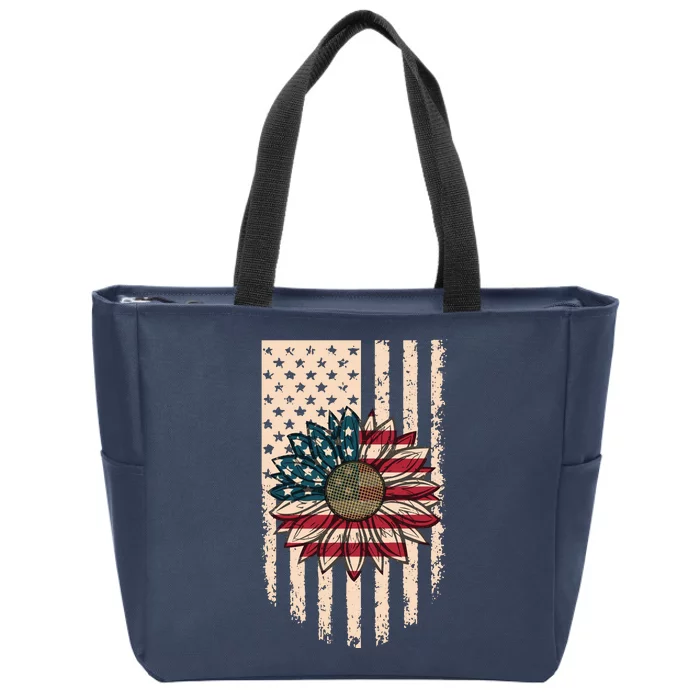 Distressed USA American Flag Sunflower Zip Tote Bag