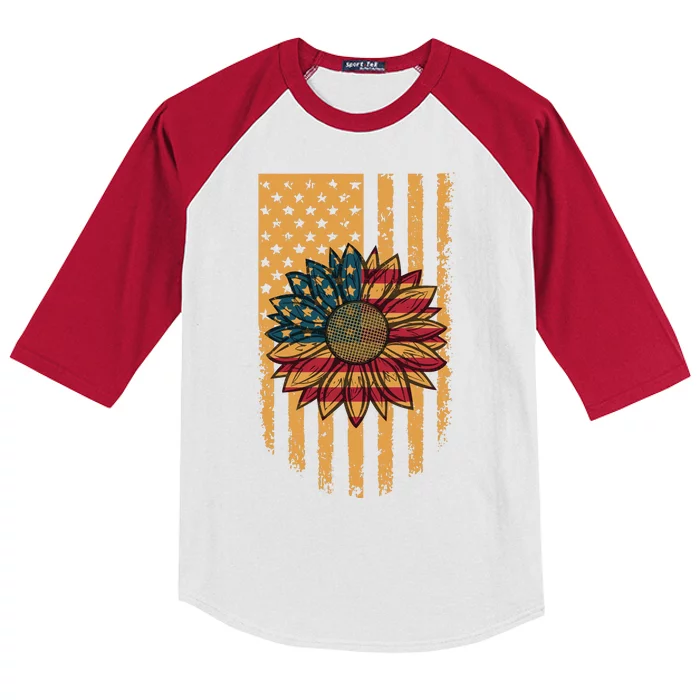 Distressed USA American Flag Sunflower Kids Colorblock Raglan Jersey