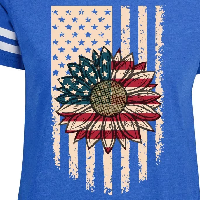 Distressed USA American Flag Sunflower Enza Ladies Jersey Football T-Shirt