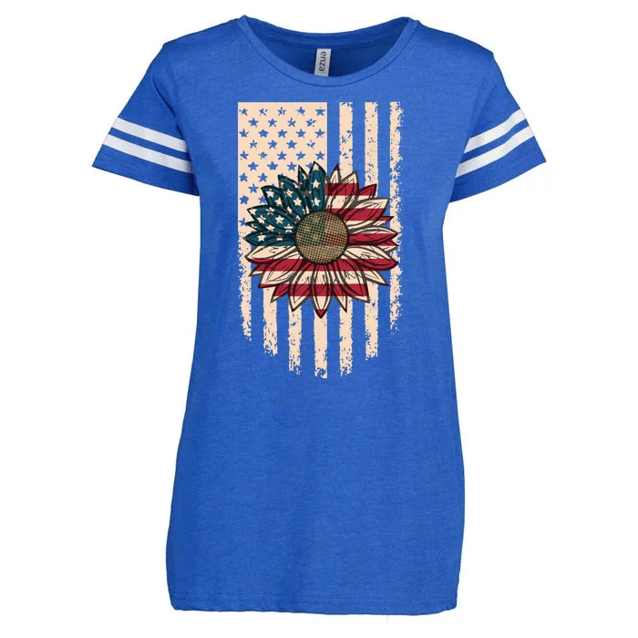 Distressed USA American Flag Sunflower Enza Ladies Jersey Football T-Shirt