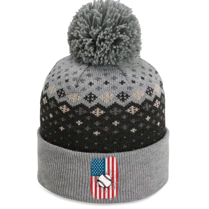 Distressed USA American Flag Baseball The Baniff Cuffed Pom Beanie