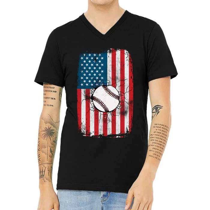 Distressed USA American Flag Baseball V-Neck T-Shirt