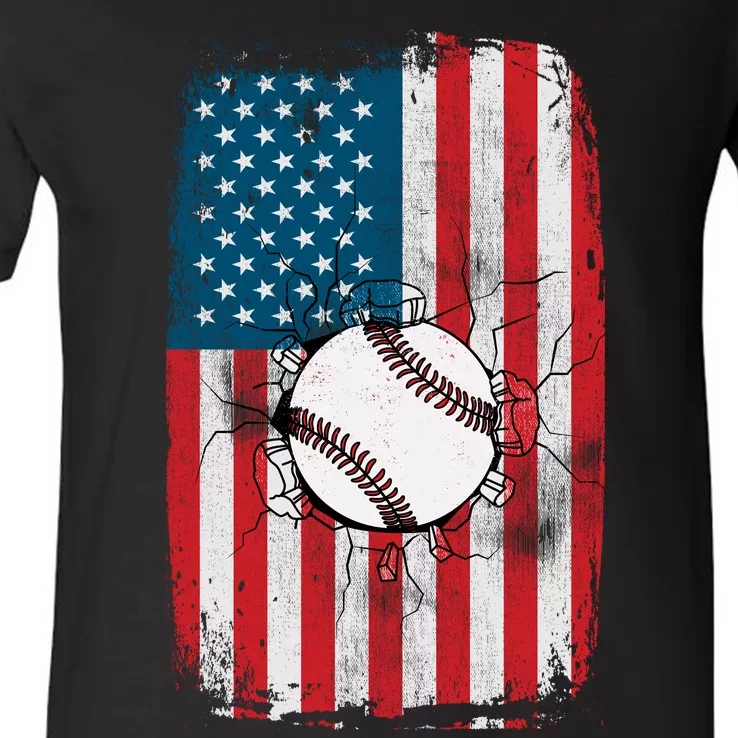 Distressed USA American Flag Baseball V-Neck T-Shirt