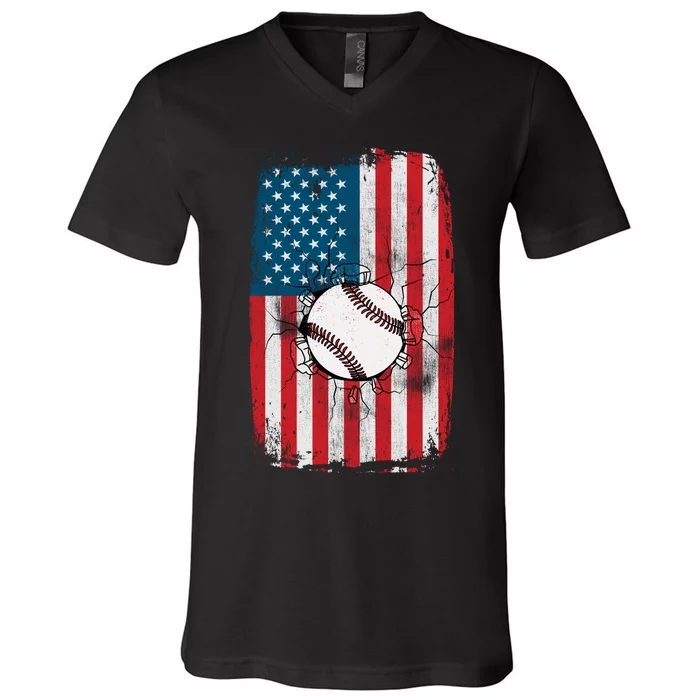 Distressed USA American Flag Baseball V-Neck T-Shirt