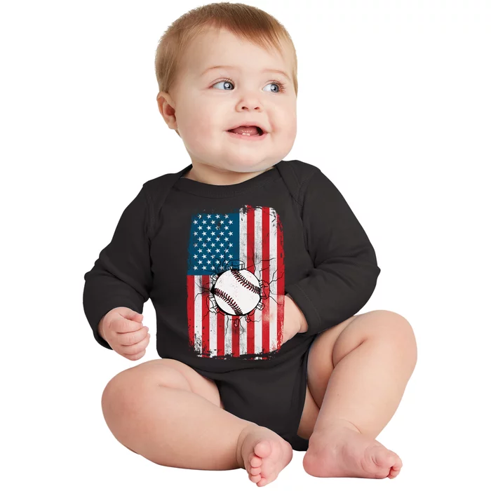 Distressed USA American Flag Baseball Baby Long Sleeve Bodysuit