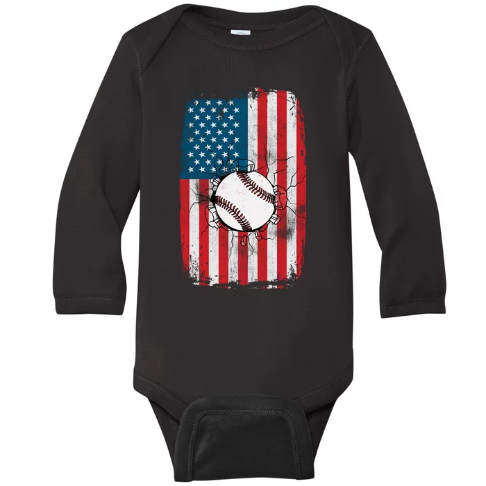 Distressed USA American Flag Baseball Baby Long Sleeve Bodysuit