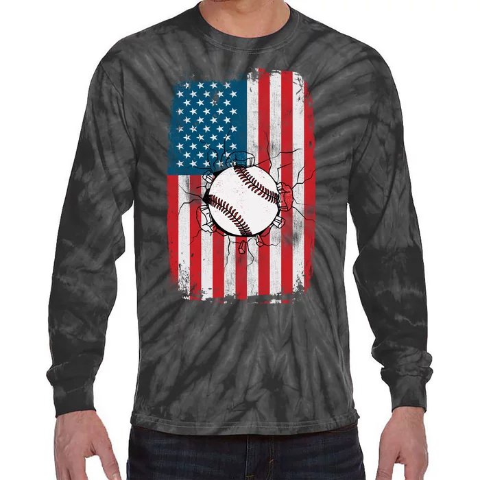 Distressed USA American Flag Baseball Tie-Dye Long Sleeve Shirt