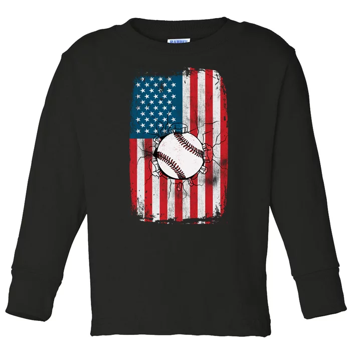 Distressed USA American Flag Baseball Toddler Long Sleeve Shirt