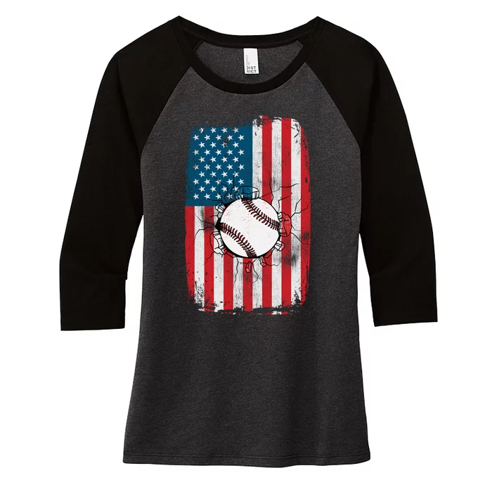 Distressed USA American Flag Baseball Women's Tri-Blend 3/4-Sleeve Raglan Shirt